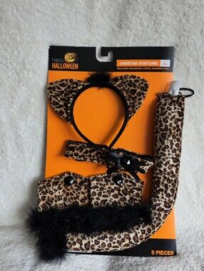 Happy Halloween Cheetah Costume Set 5pc Headband Cuffs Choker Tail Leopard Print
